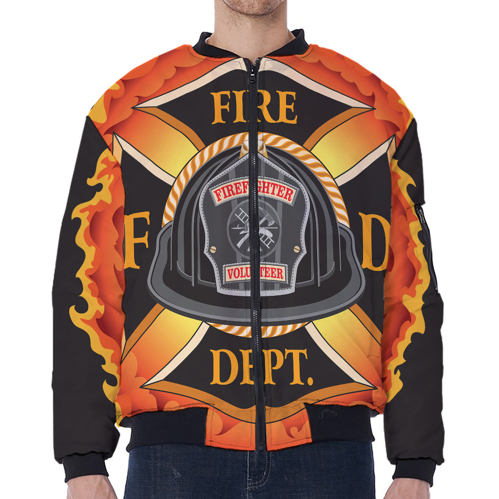 Flaming Firefighter Emblem Print Zip Sleeve Bomber Jacket