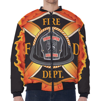 Flaming Firefighter Emblem Print Zip Sleeve Bomber Jacket