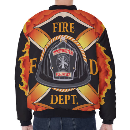 Flaming Firefighter Emblem Print Zip Sleeve Bomber Jacket