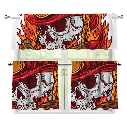 Flaming Firefighter Skull Print 3 Piece Kitchen Curtains
