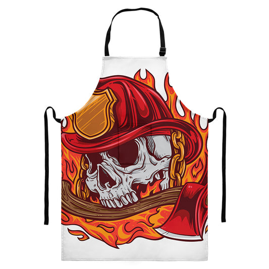 Flaming Firefighter Skull Print Bib Apron With Pocket