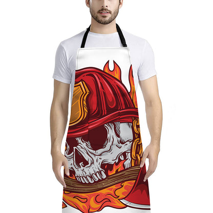 Flaming Firefighter Skull Print Bib Apron With Pocket