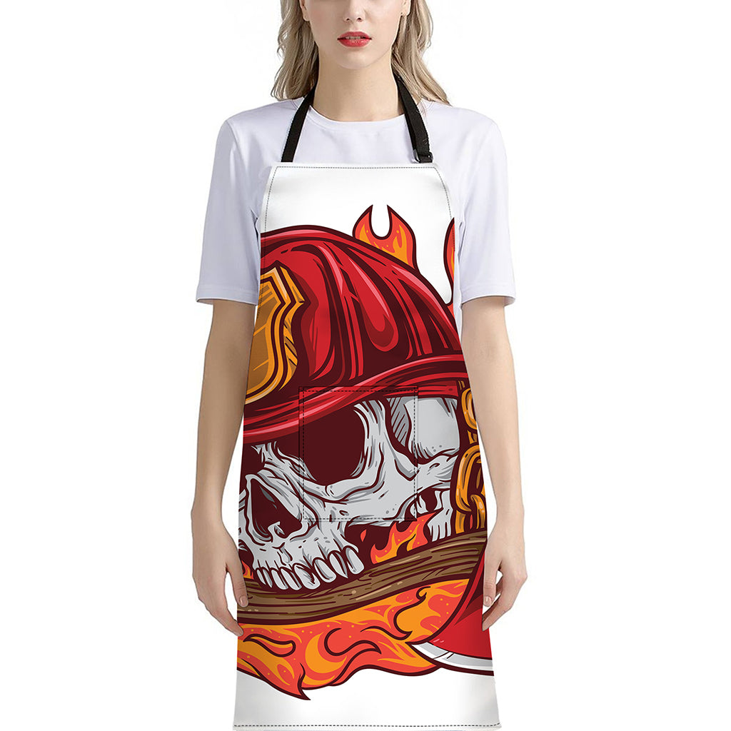 Flaming Firefighter Skull Print Bib Apron With Pocket