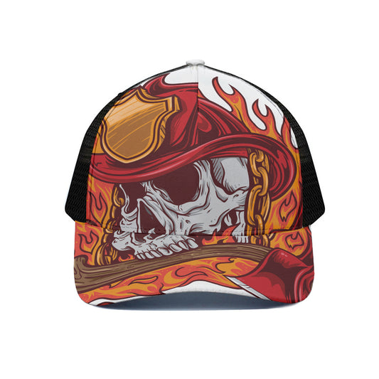 Flaming Firefighter Skull Print Black Mesh Trucker Cap