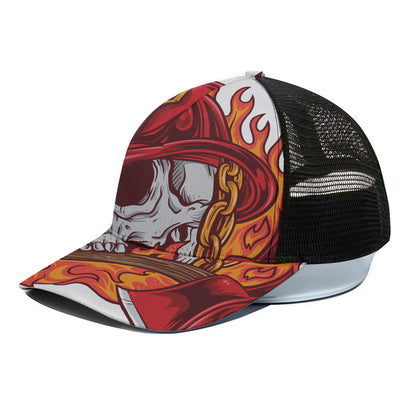 Flaming Firefighter Skull Print Black Mesh Trucker Cap