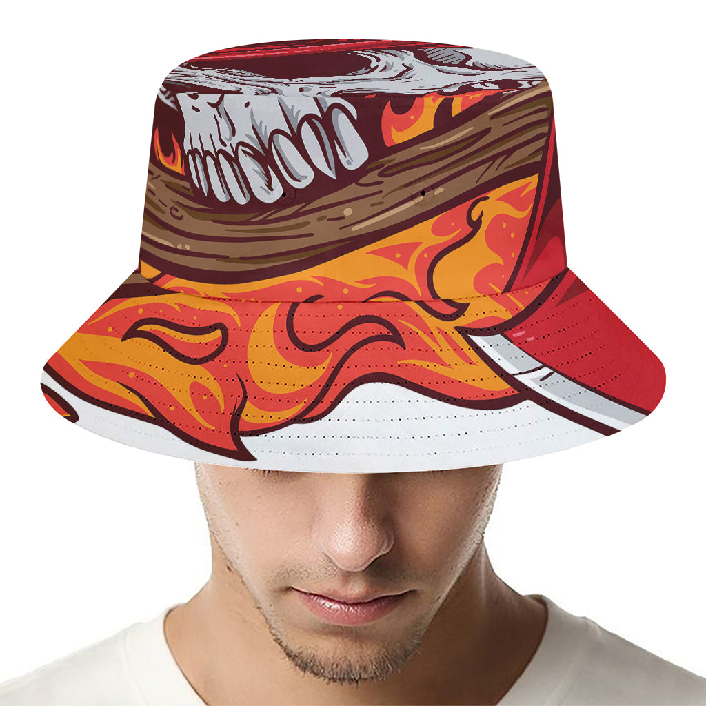 Flaming Firefighter Skull Print Bucket Hat