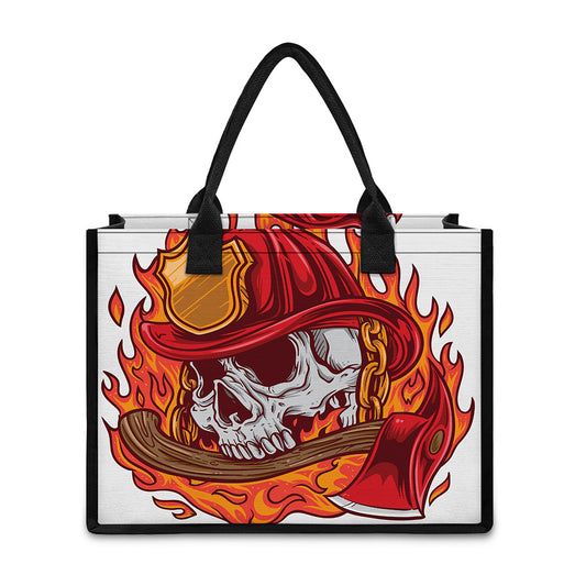 Flaming Firefighter Skull Print Canvas Tote Bag