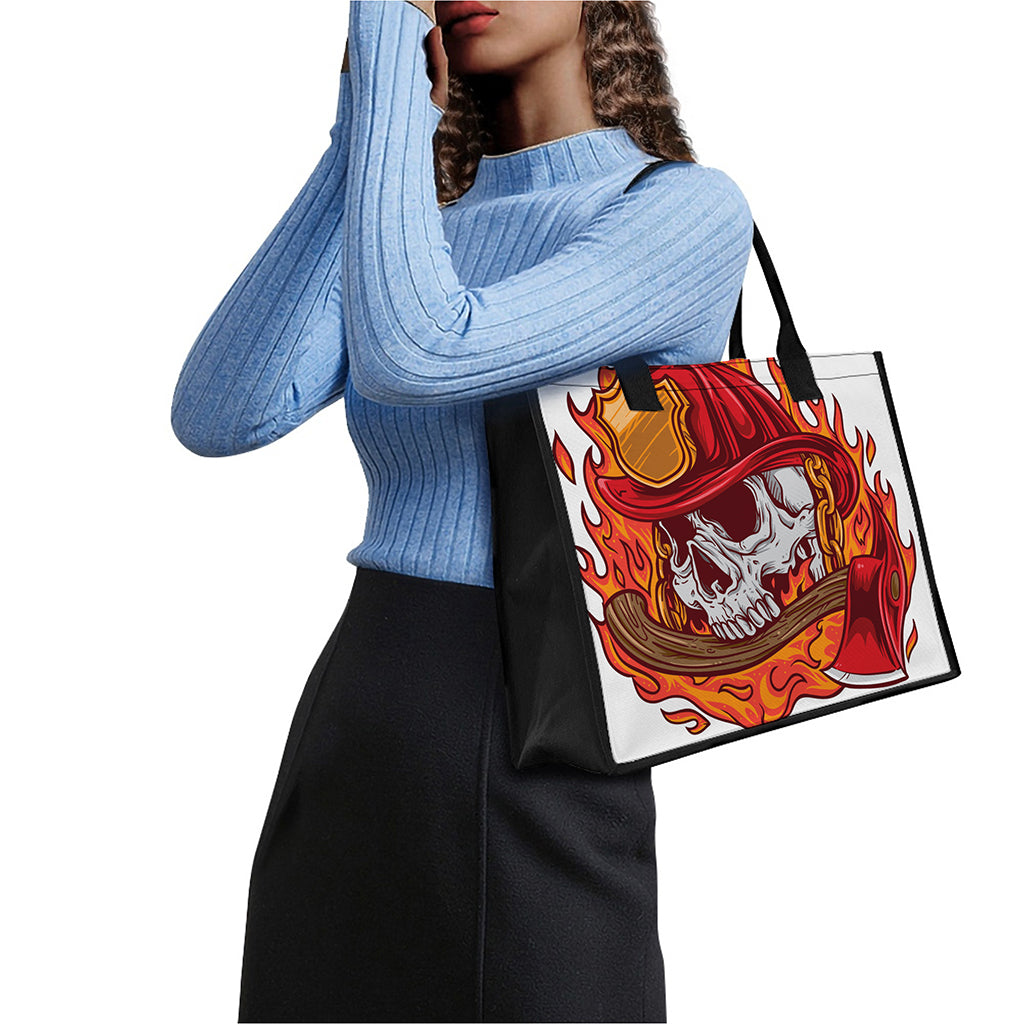 Flaming Firefighter Skull Print Canvas Tote Bag