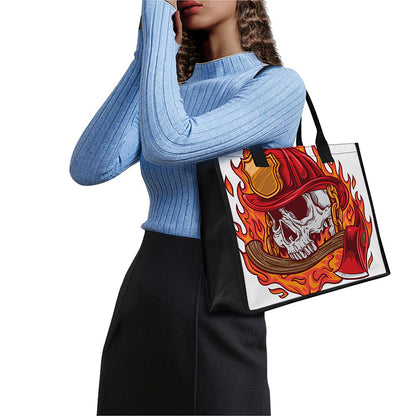 Flaming Firefighter Skull Print Canvas Tote Bag