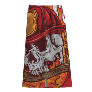 Flaming Firefighter Skull Print Cotton Front Slit Maxi Skirt