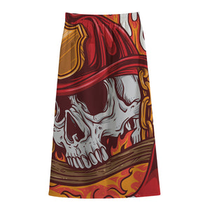 Flaming Firefighter Skull Print Cotton Front Slit Maxi Skirt