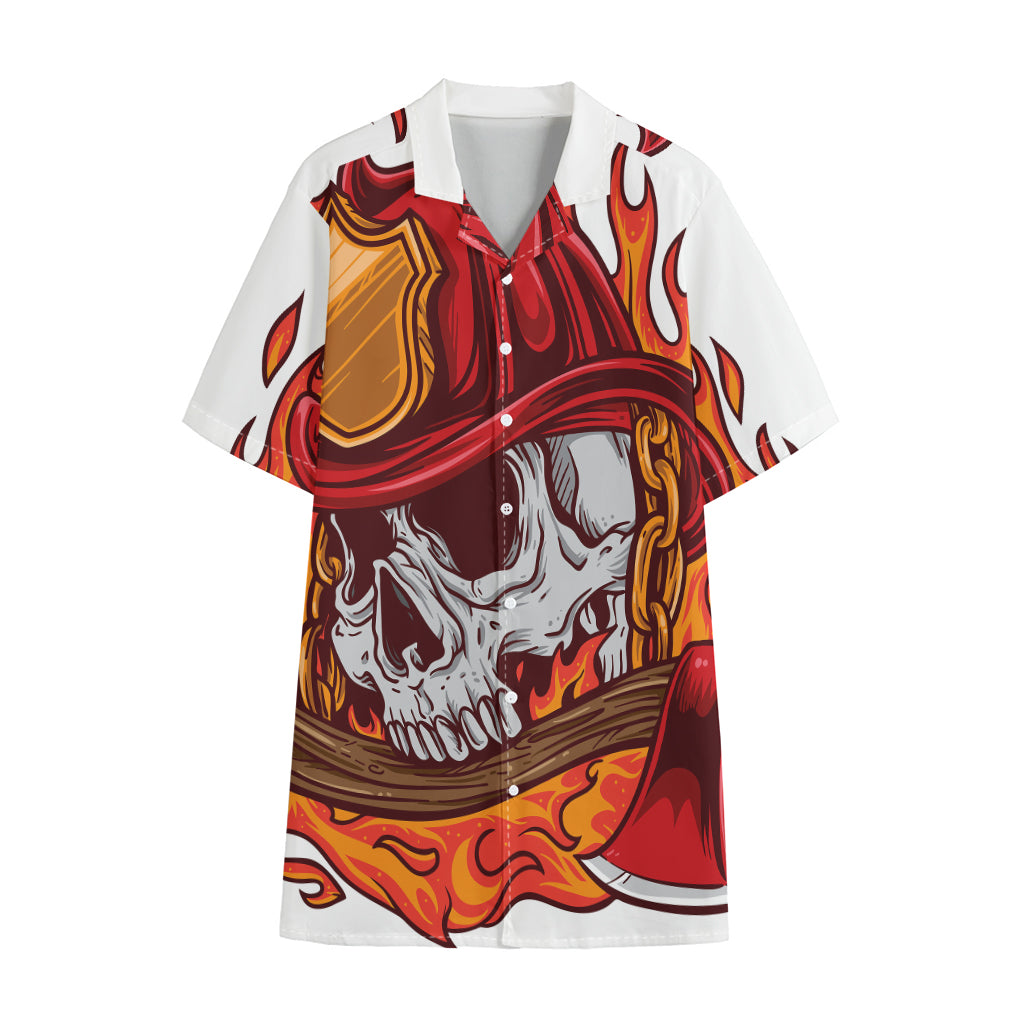 Flaming Firefighter Skull Print Cotton Hawaiian Shirt