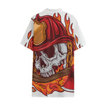 Flaming Firefighter Skull Print Cotton Hawaiian Shirt