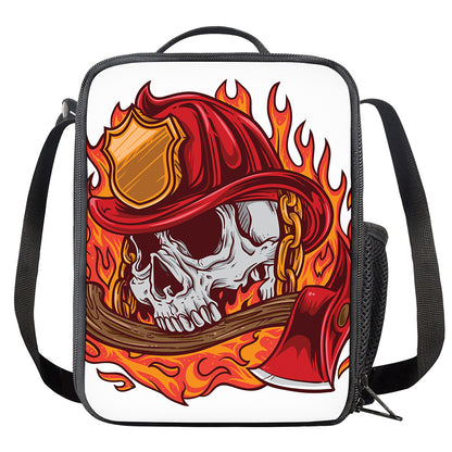 Flaming Firefighter Skull Print Crossbody Lunch Bag