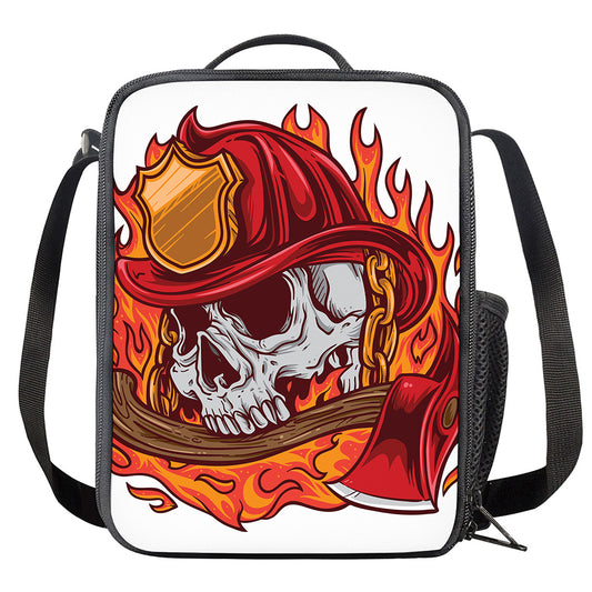 Flaming Firefighter Skull Print Crossbody Lunch Bag