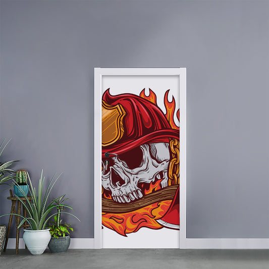 Flaming Firefighter Skull Print Door Sticker