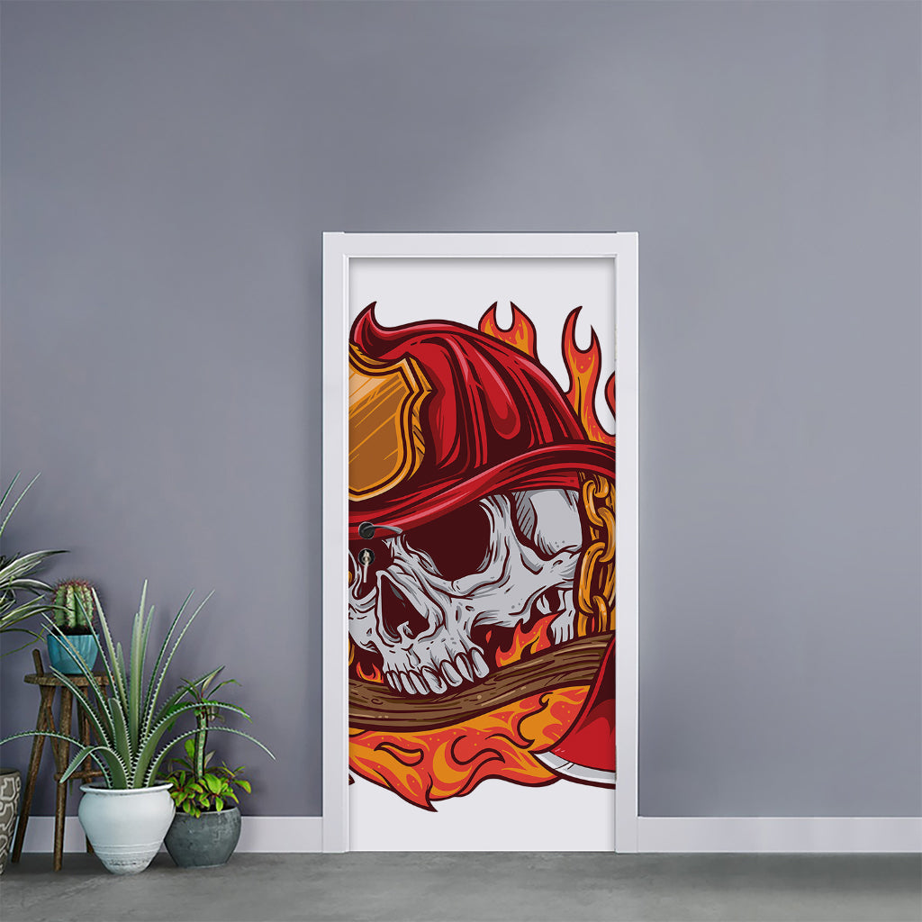 Flaming Firefighter Skull Print Door Sticker