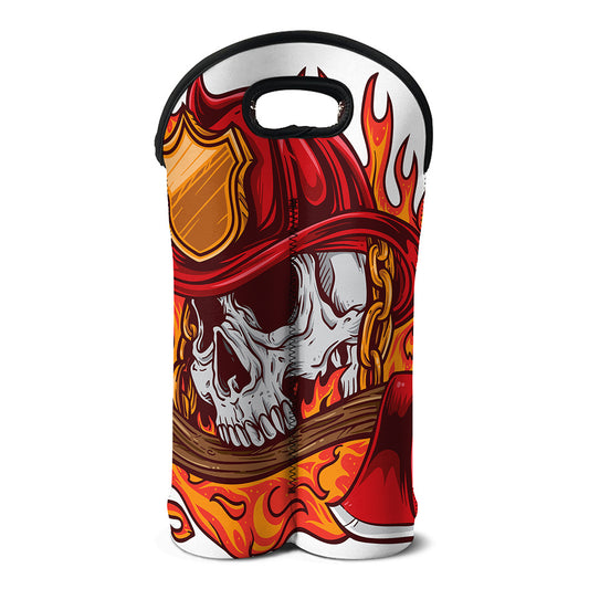 Flaming Firefighter Skull Print Double Neoprene Wine Tote