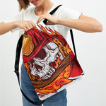 Flaming Firefighter Skull Print Drawstring Backpack