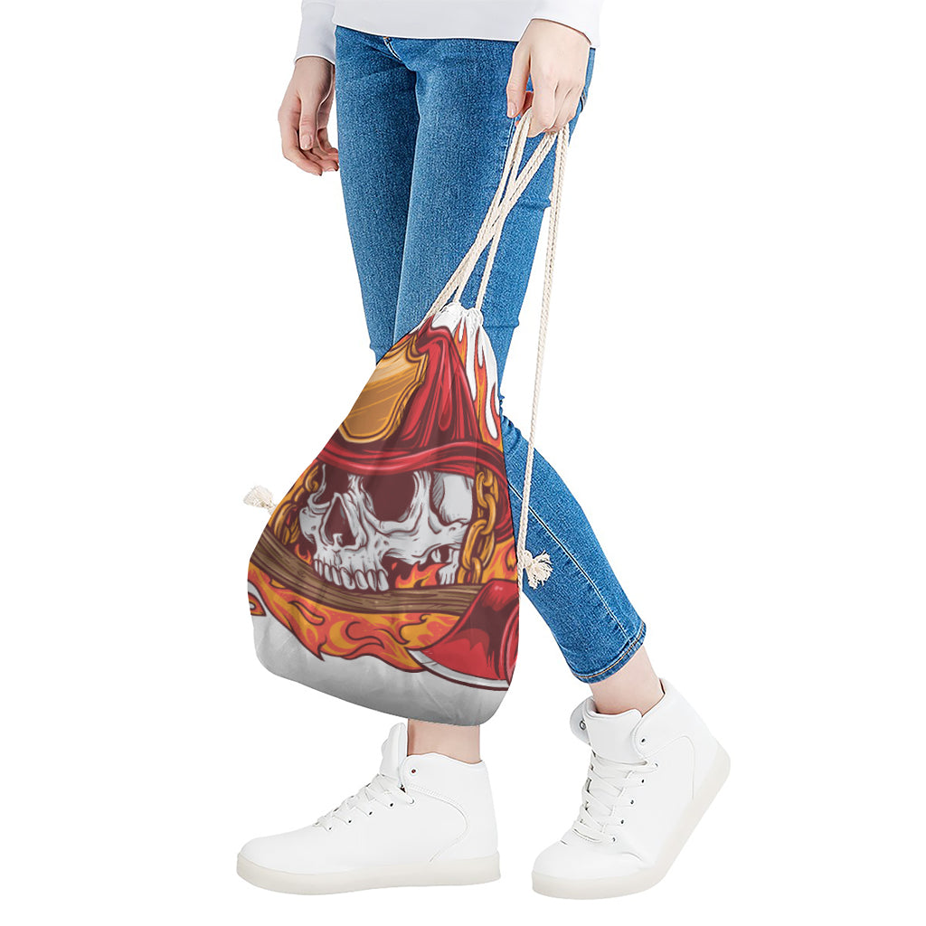 Flaming Firefighter Skull Print Drawstring Bag