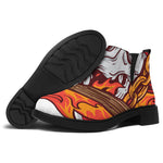 Flaming Firefighter Skull Print Flat Ankle Boots