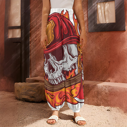 Flaming Firefighter Skull Print Harem Pants