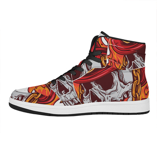 Flaming Firefighter Skull Print High Top Leather Sneakers
