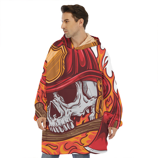 Flaming Firefighter Skull Print Hoodie Blanket