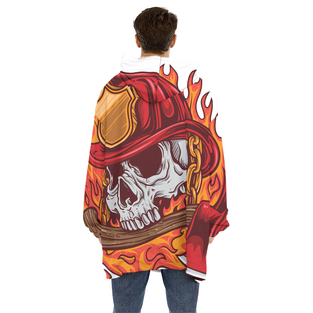 Flaming Firefighter Skull Print Hoodie Blanket