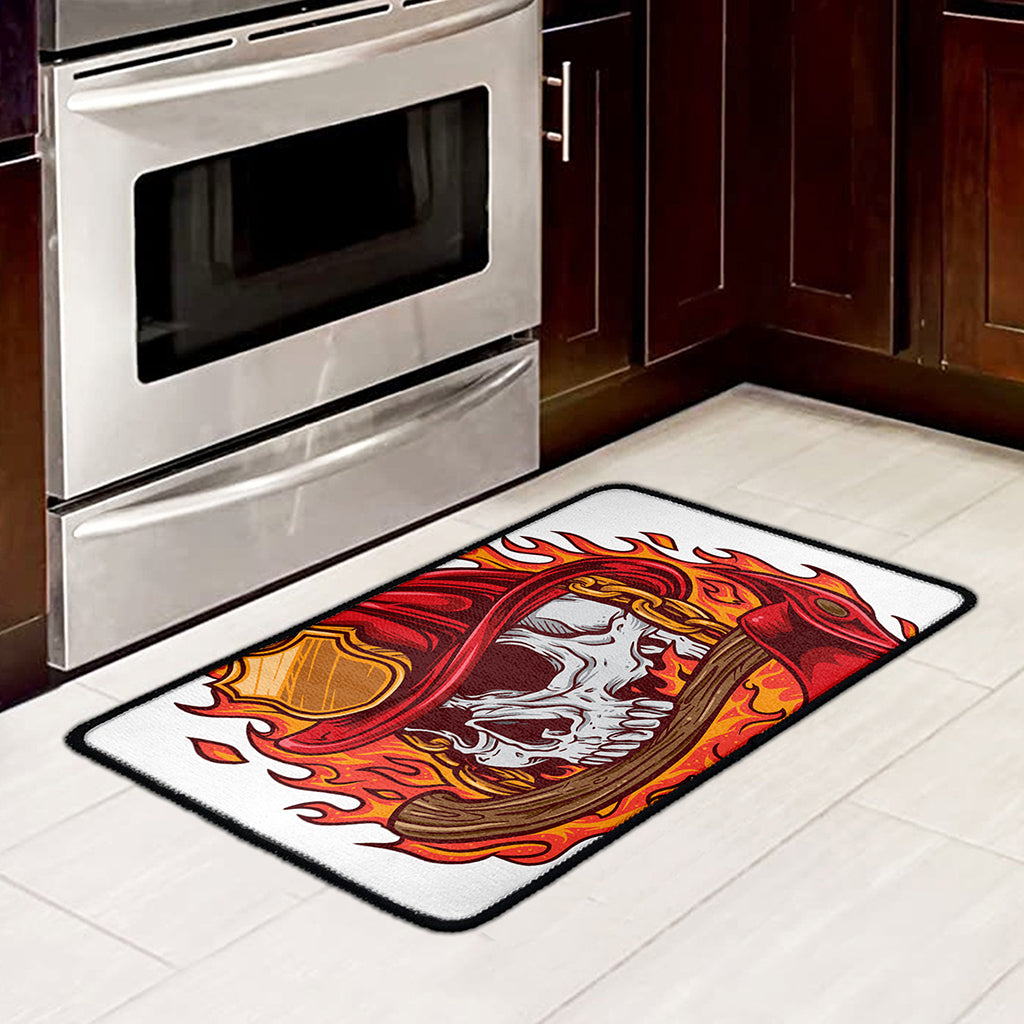 Flaming Firefighter Skull Print Kitchen Mat