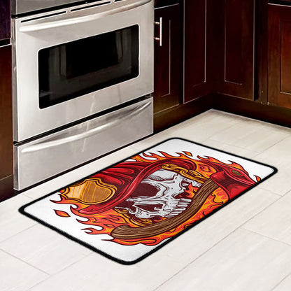 Flaming Firefighter Skull Print Kitchen Mat