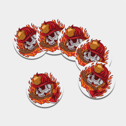 Flaming Firefighter Skull Print Leather Coaster Set