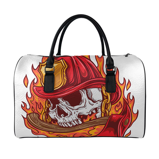 Flaming Firefighter Skull Print Leather Duffle Bag