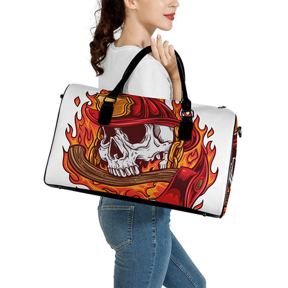 Flaming Firefighter Skull Print Leather Duffle Bag