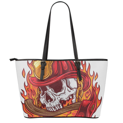 Flaming Firefighter Skull Print Leather Tote Bag
