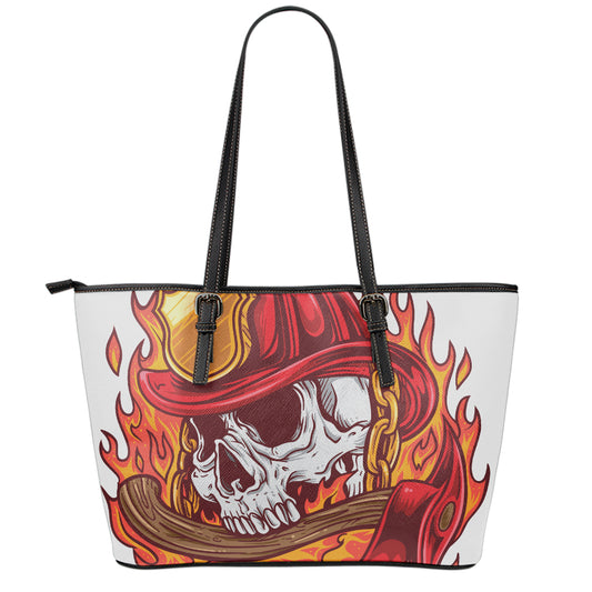 Flaming Firefighter Skull Print Leather Tote Bag