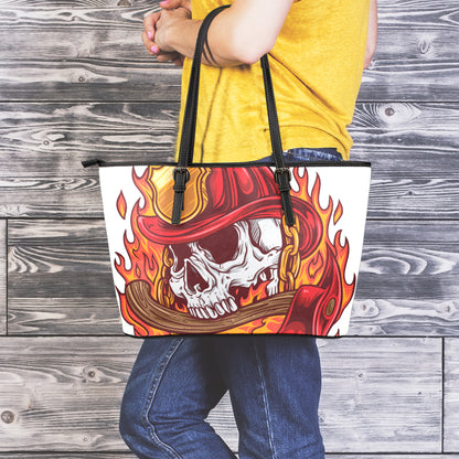 Flaming Firefighter Skull Print Leather Tote Bag