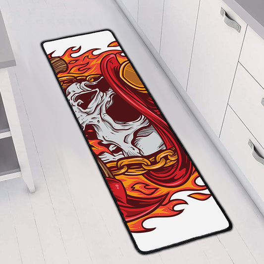 Flaming Firefighter Skull Print Long Kitchen Mat