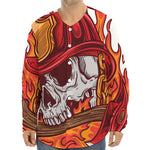 Flaming Firefighter Skull Print Long Sleeve Baseball Jersey