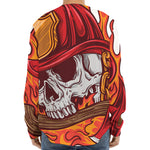 Flaming Firefighter Skull Print Long Sleeve Baseball Jersey