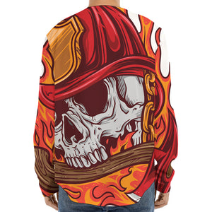 Flaming Firefighter Skull Print Long Sleeve Baseball Jersey