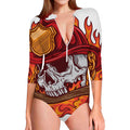 Flaming Firefighter Skull Print Long Sleeve Swimsuit