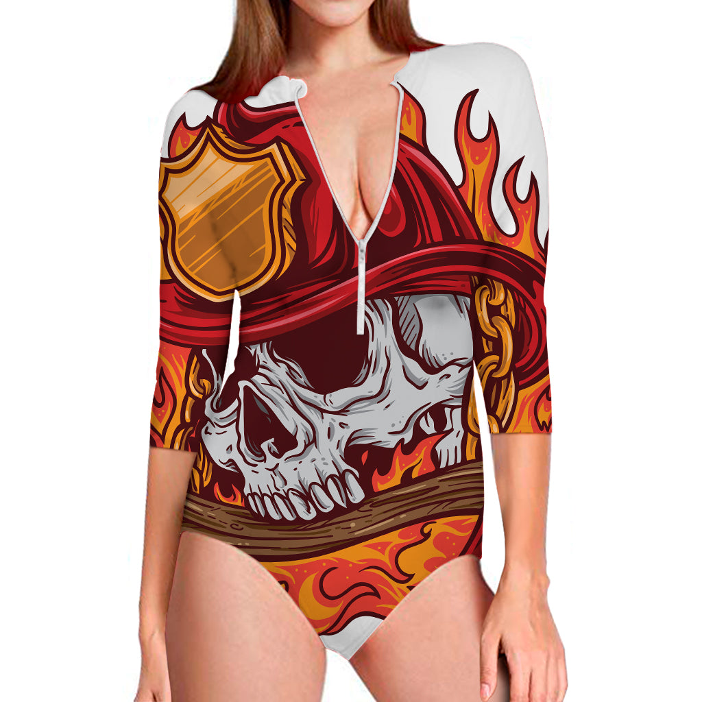 Flaming Firefighter Skull Print Long Sleeve Swimsuit