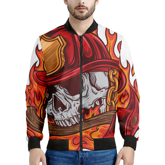 Flaming Firefighter Skull Print Men's Bomber Jacket