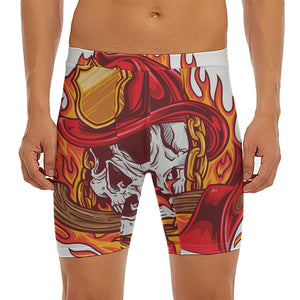 Flaming Firefighter Skull Print Men's Long Boxer Briefs