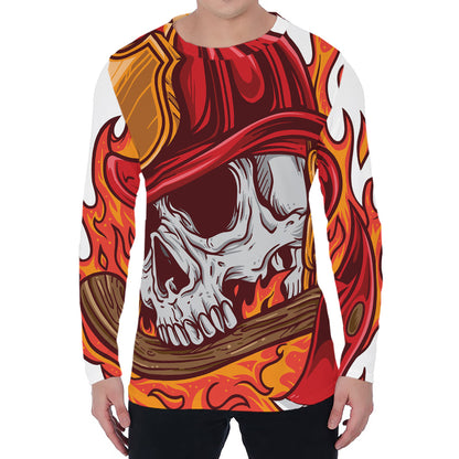 Flaming Firefighter Skull Print Men's Long Sleeve T-Shirt
