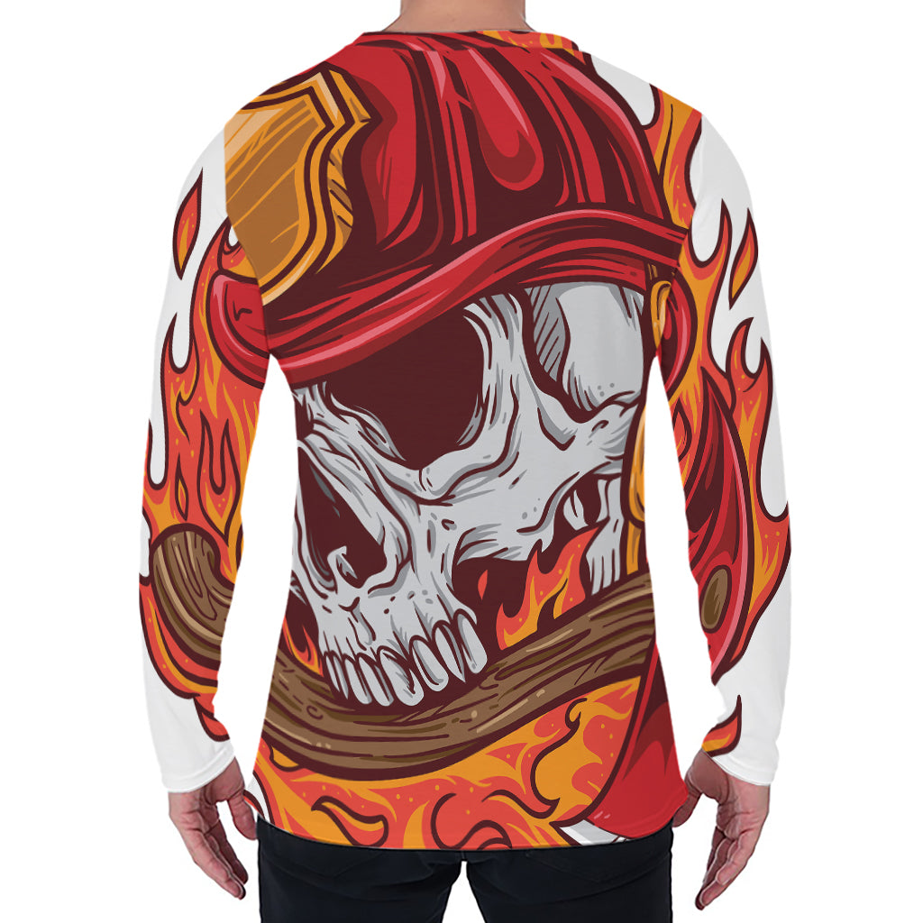 Flaming Firefighter Skull Print Men's Long Sleeve T-Shirt