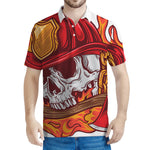 Flaming Firefighter Skull Print Men's Polo Shirt