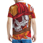 Flaming Firefighter Skull Print Men's Polo Shirt