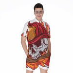 Flaming Firefighter Skull Print Men's Rompers
